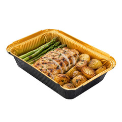 Foil Lux 41 oz Rectangle Black and Gold Aluminum Container - 8 3/4