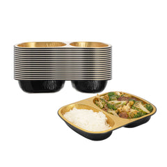 Foil Lux 28 oz Rectangle Black and Gold Aluminum Container - 2-Compartment - 9