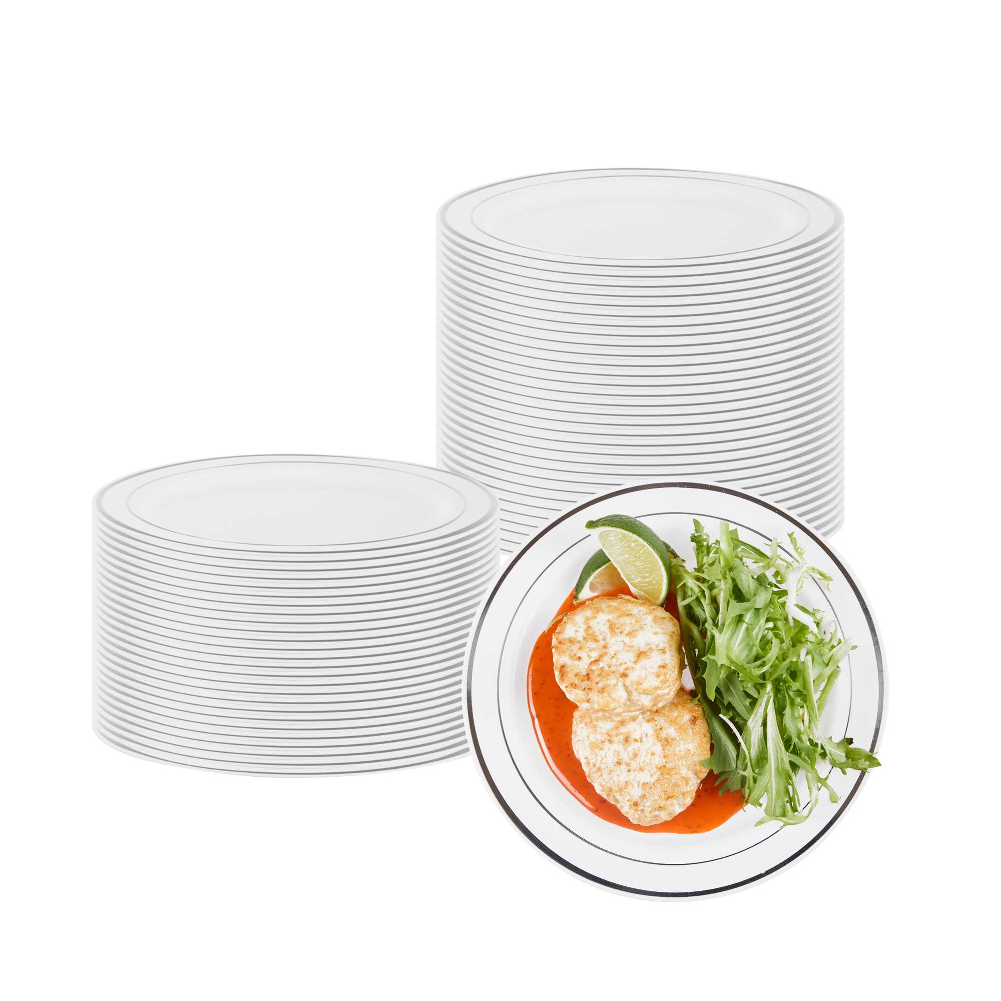 Maxi Serve Round White Plastic Silver-Rimmed Plate - 7 1/2" x 7 1/2" x 1/2" - 100 count box