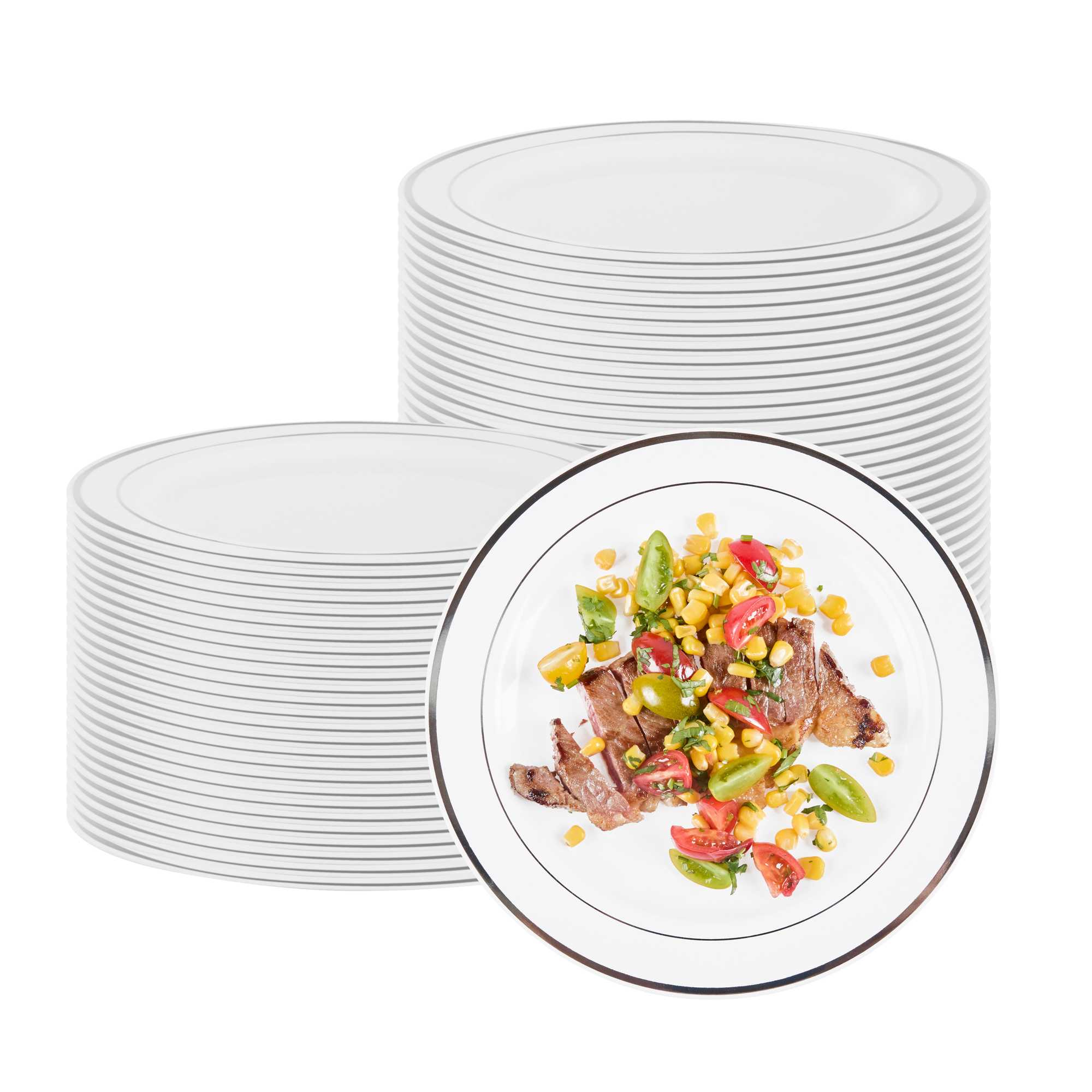 Maxi Serve Round White Plastic Silver-Rimmed Plate - 10 1/2" x 10 1/2" x 1/2" - 100 count box