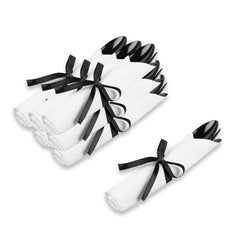 Moderna Black Plastic Cutlery Set - with White Napkin, Black Ribbon - 7 1/4