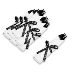 Argento Black Plastic Cutlery Set - with White Napkin, Polka Dot Ribbon - 7 1/4