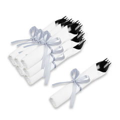 Argento Black Plastic Cutlery Set - with White Napkin, Silver Ribbon - 7 1/4