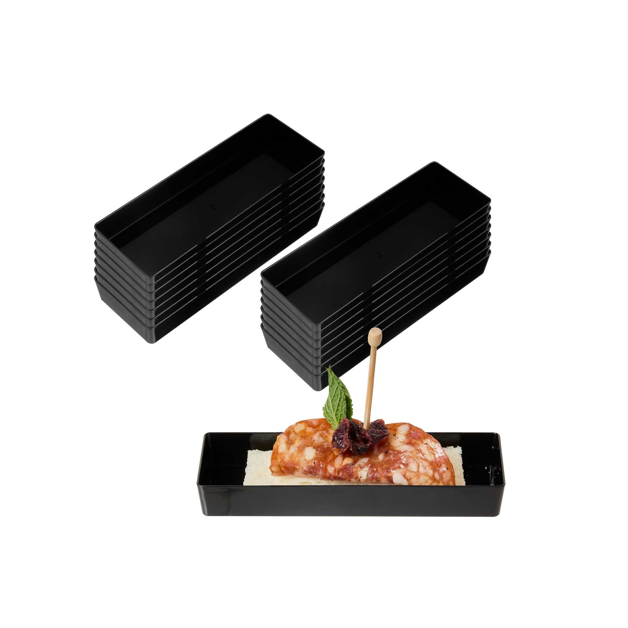 Mini Serve Rectangle Black Plastic Modern Plate - 5 1/4" x 1 3/4" x 3/4" - 100 count box