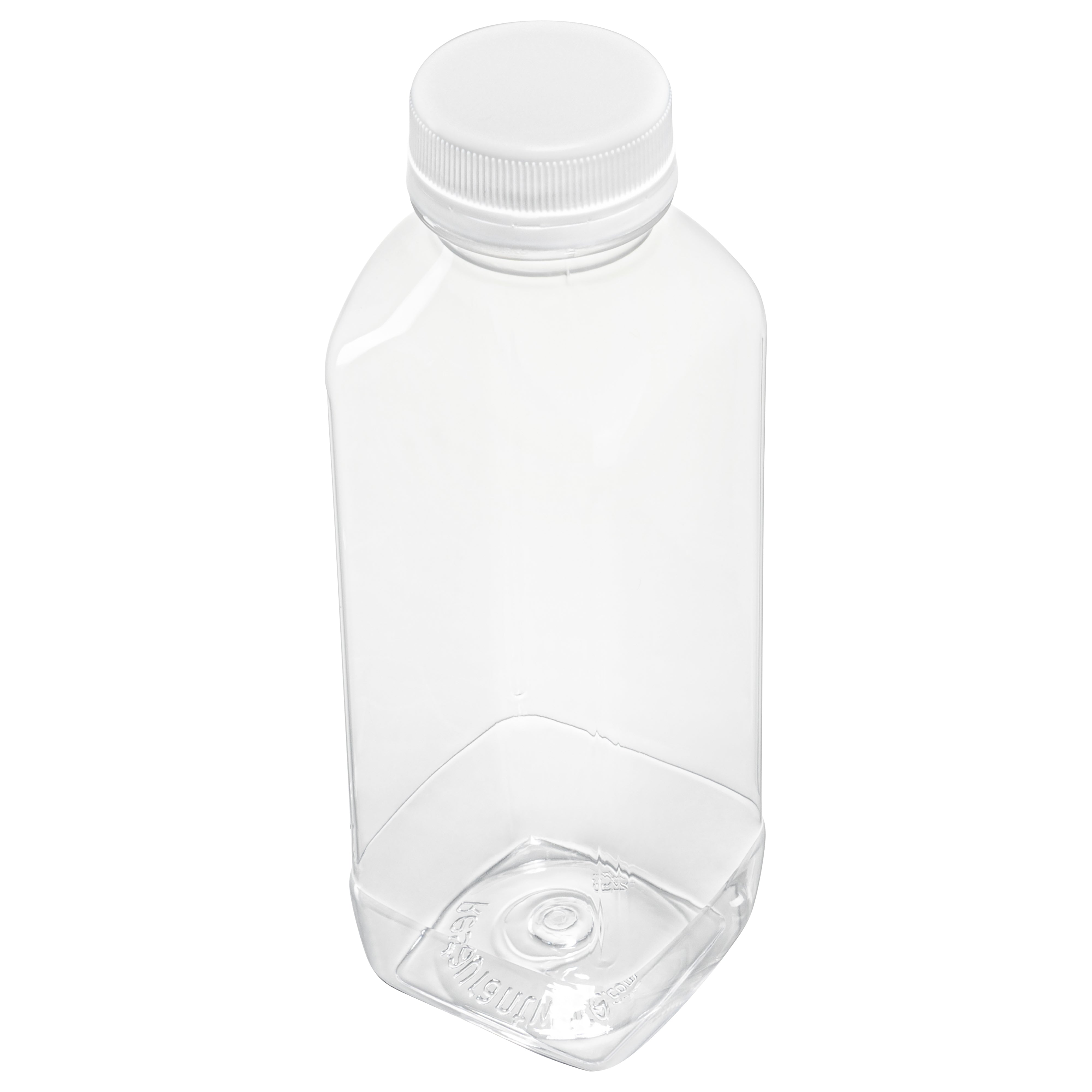 Bottle Tek 16 oz Square Clear Plastic Cold Pressed Juice Bottle - with Safety Cap - 2 1/4" x 2 1/4" x 7" - 100 count box