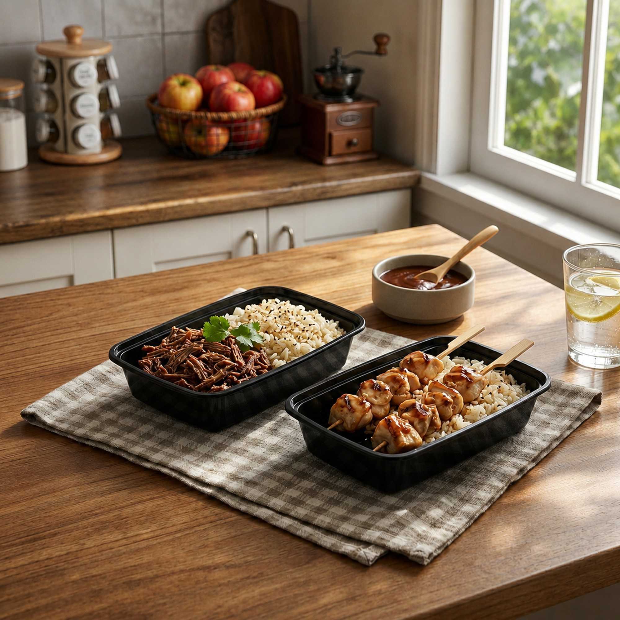 Asporto 24 oz Rectangle Black Plastic To Go Box - with Clear Lid, Microwavable - 8" x 5 1/4" x 1 3/4" - 100 count box