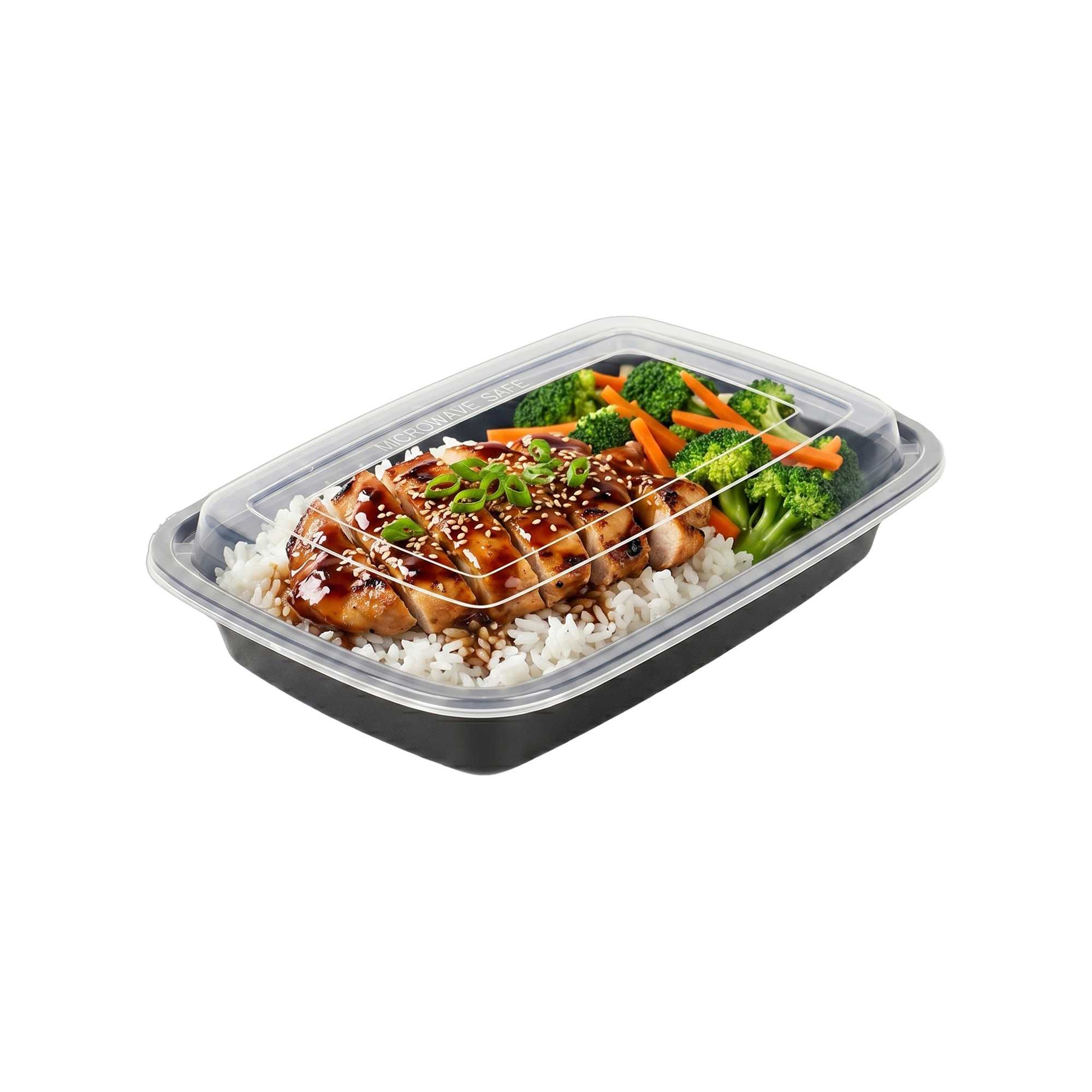 Asporto 28 oz Rectangle Black Plastic To Go Box - with Clear Lid, Microwavable - 8 3/4" x 6" x 1 1/2" - 100 count box