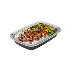 Asporto 28 oz Rectangle Black Plastic To Go Box - with Clear Lid, Microwavable - 8 3/4