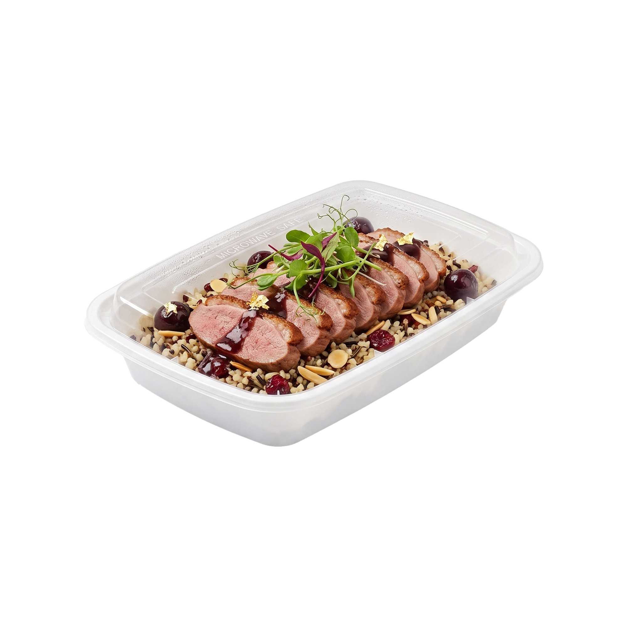 Asporto 28 oz Rectangle White Plastic To Go Box - with Clear Lid, Microwavable - 8 3/4" x 6" x 1 1/2" - 100 count box