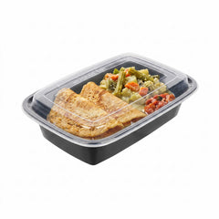 Asporto 38 oz Rectangle Black Plastic To Go Box - with Clear Lid, Microwavable - 8 3/4