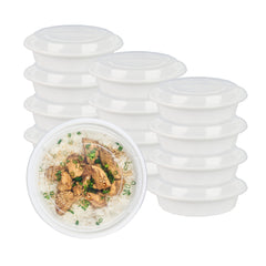 Asporto 24 oz Round White Plastic To Go Box - with Clear Lid, Microwavable - 7 1/4