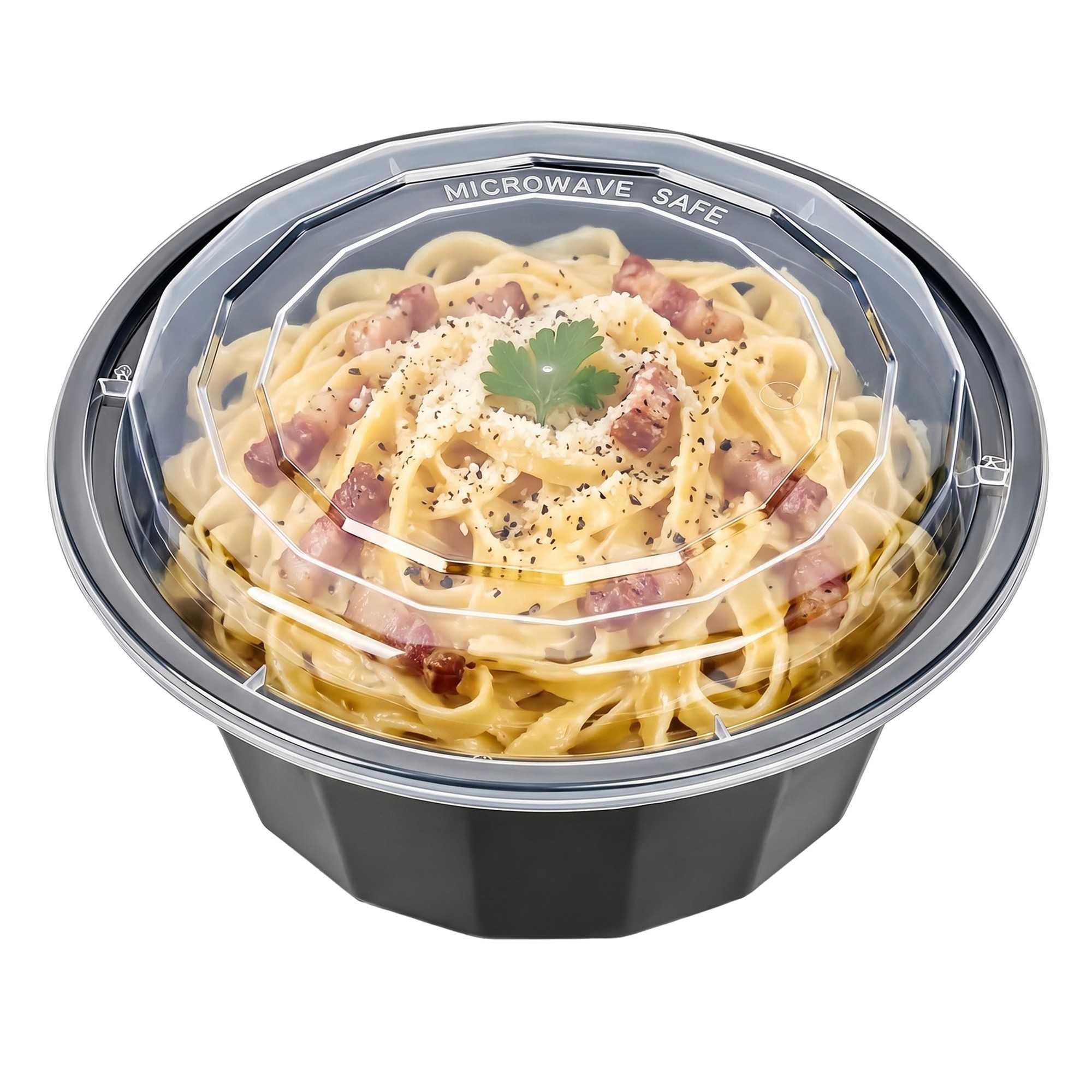 Asporto 32 oz Round Black Plastic To Go Box - with Clear Lid, Microwavable - 7 1/4" x 7 1/4" x 3" - 100 count box