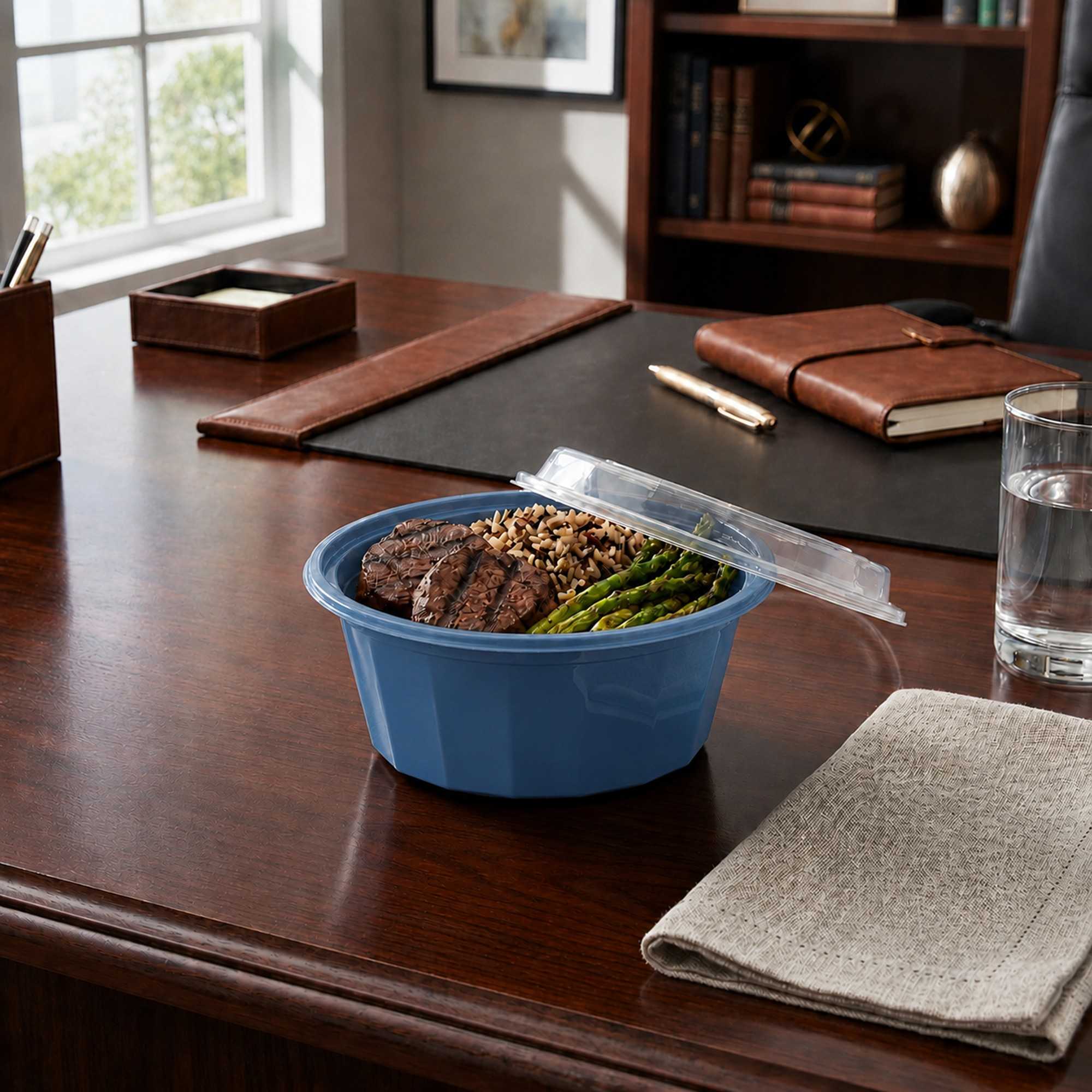 Asporto 32 oz Round Midnight Blue Plastic To Go Box - with Clear Lid, Microwavable - 7 1/4" x 7 1/4" x 3" - 100 count box