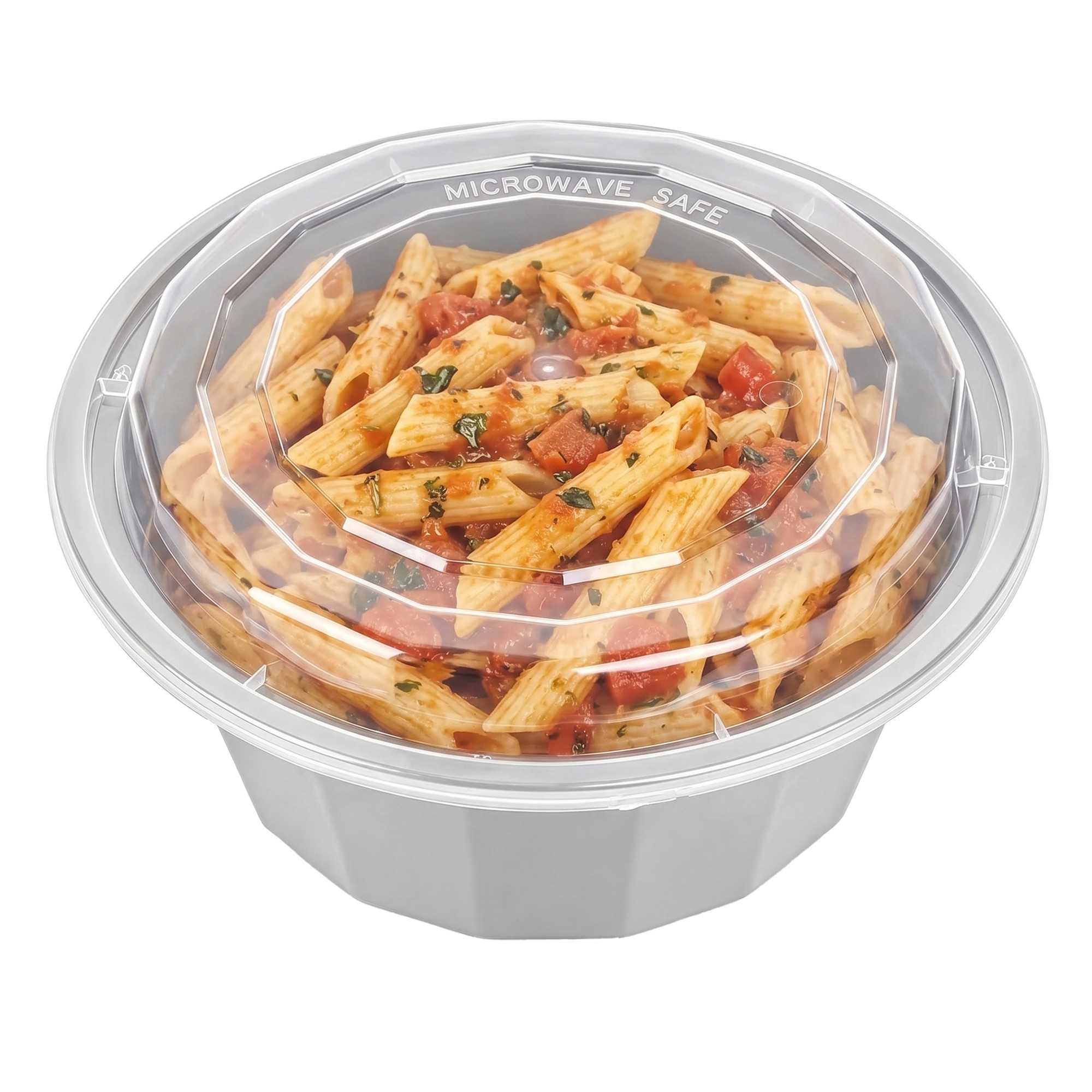 Asporto 32 oz Round Silver Plastic To Go Box - with Clear Lid, Microwavable - 7 1/4" x 7 1/4" x 3" - 100 count box