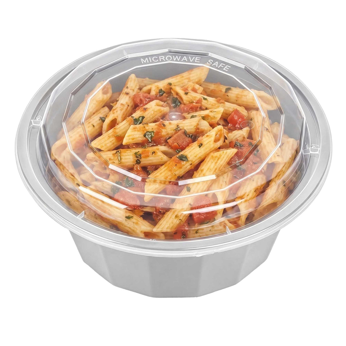 Asporto 32 oz Round Silver Plastic To Go Box - with Clear Lid, Microwavable - 7 1/4" x 7 1/4" x 3" - 100 count box