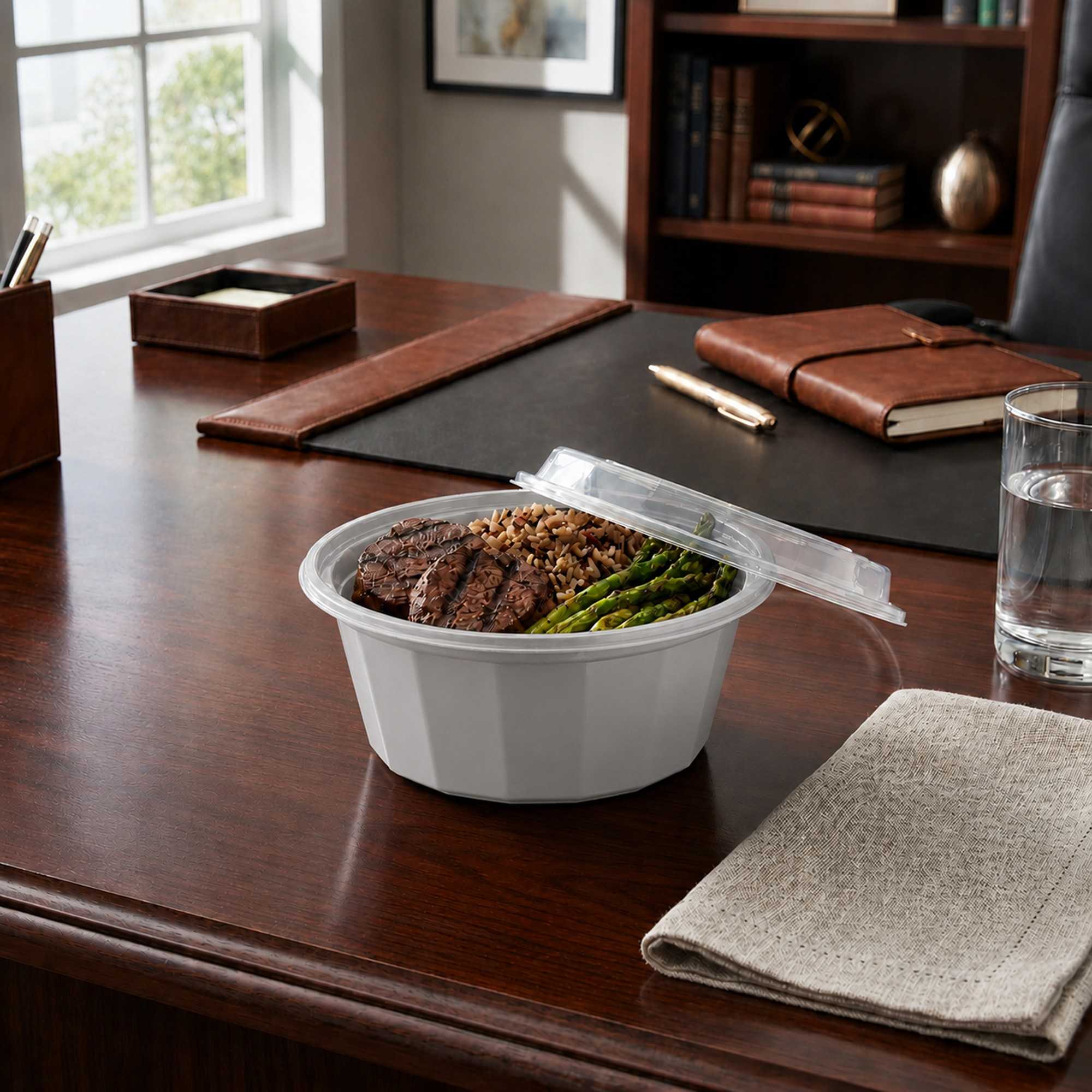 Asporto 32 oz Round Silver Plastic To Go Box - with Clear Lid, Microwavable - 7 1/4" x 7 1/4" x 3" - 100 count box
