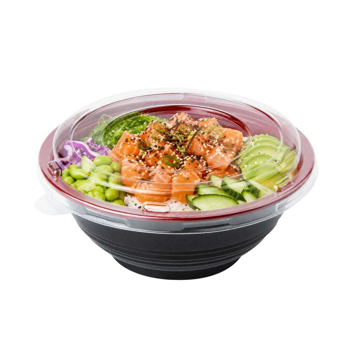 Bento Tek 18 oz Round Black and Red Plastic Small Asian Panda Bowl - with Clear Lid, Microwavable - 6" x 6" x 2 1/2" - 200 count box