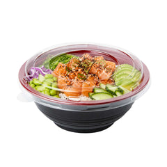 Bento Tek 18 oz Round Black and Red Plastic Small Asian Panda Bowl - with Clear Lid, Microwavable - 6