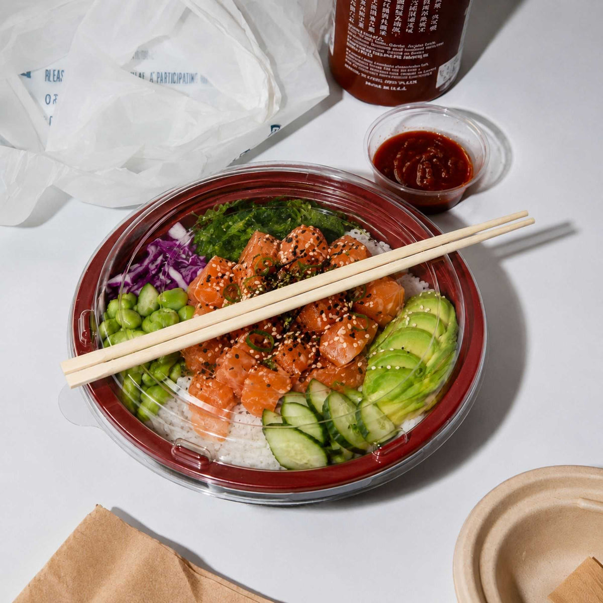 Bento Tek 18 oz Round Black and Red Plastic Small Asian Panda Bowl - with Clear Lid, Microwavable - 6" x 6" x 2 1/2" - 200 count box