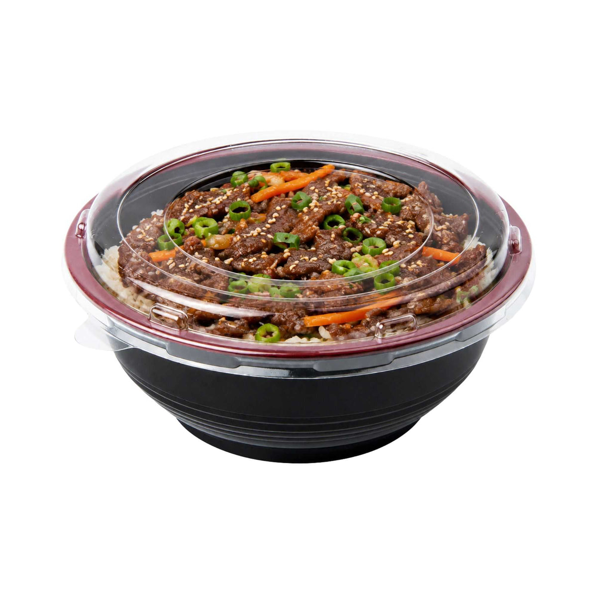 Bento Tek 24 oz Round Black and Red Plastic Medium Asian Panda Bowl - Clear Lid, Microwavable - 6 1/2" x 6 1/2" x 2 1/2" - 200 count box