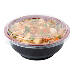 Bento Tek 24 oz Round Black and Red Plastic Medium Asian Panda Bowl - with Clear Lid, Microwavable - 6 1/2