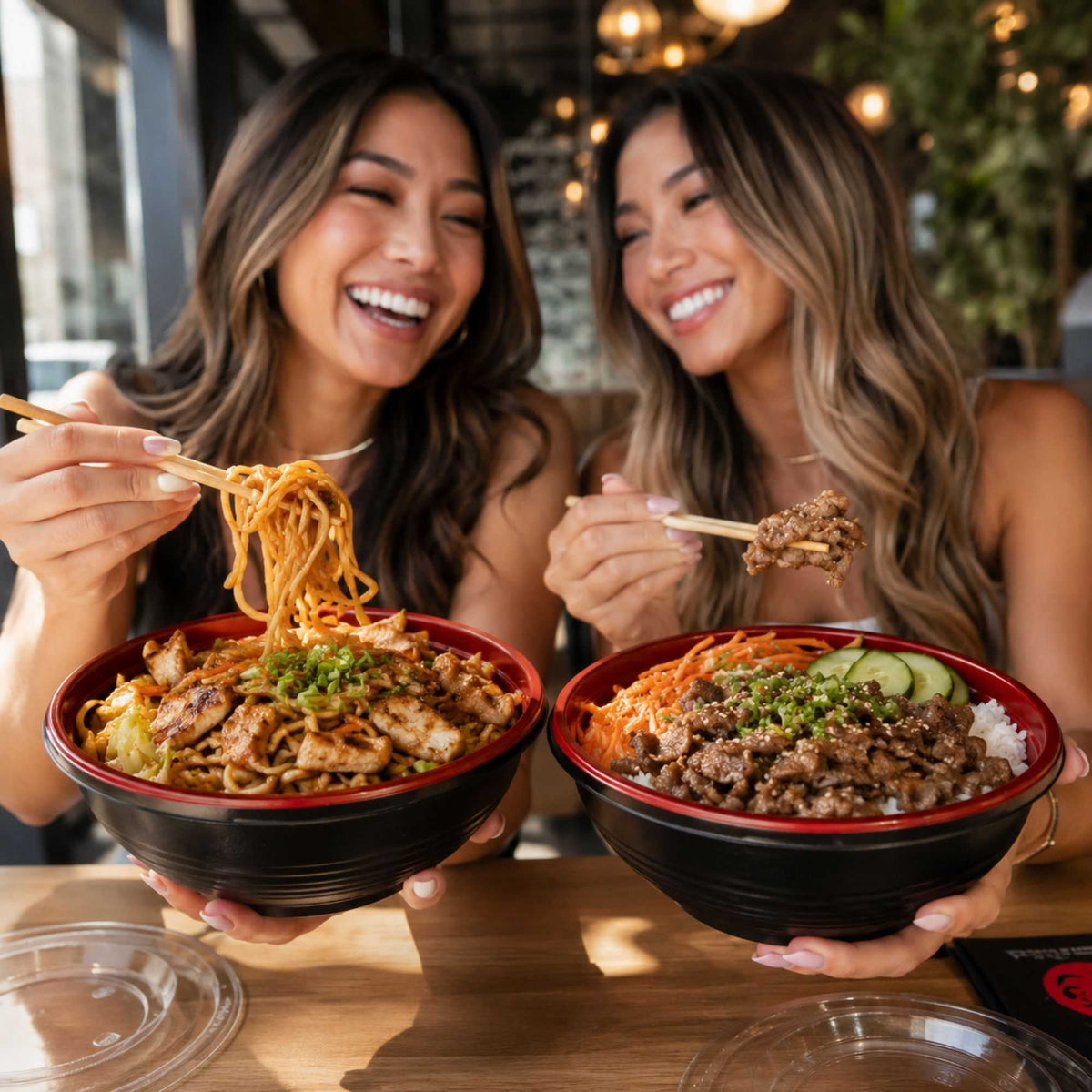 Bento Tek 24 oz Round Black and Red Plastic Medium Asian Panda Bowl - Clear Lid, Microwavable - 6 1/2" x 6 1/2" x 2 1/2" - 200 count box