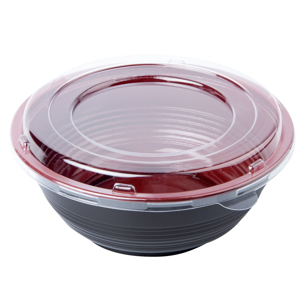 Bento Tek 34 oz Round Black and Red Plastic Large Asian Panda Bowl - with Clear Lid, Microwavable - 7 1/4" x 7 1/4" x 2 3/4" - 200 count box