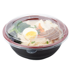 Bento Tek 34 oz Round Black and Red Plastic Large Asian Panda Bowl - with Clear Lid, Microwavable - 7 1/4