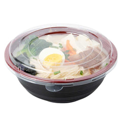 Bento Tek 34 oz Round Black and Red Plastic Large Asian Panda Bowl - with Clear Lid, Microwavable - 7 1/4