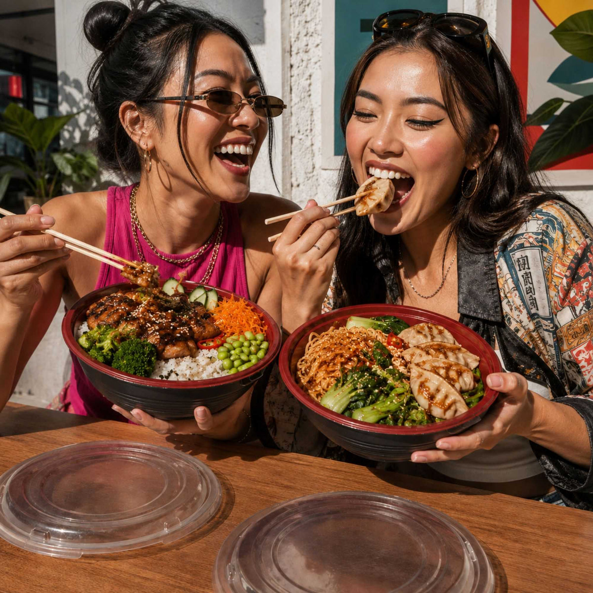 Bento Tek 34 oz Round Black and Red Plastic Large Asian Panda Bowl - with Clear Lid, Microwavable - 7 1/4" x 7 1/4" x 2 3/4" - 200 count box