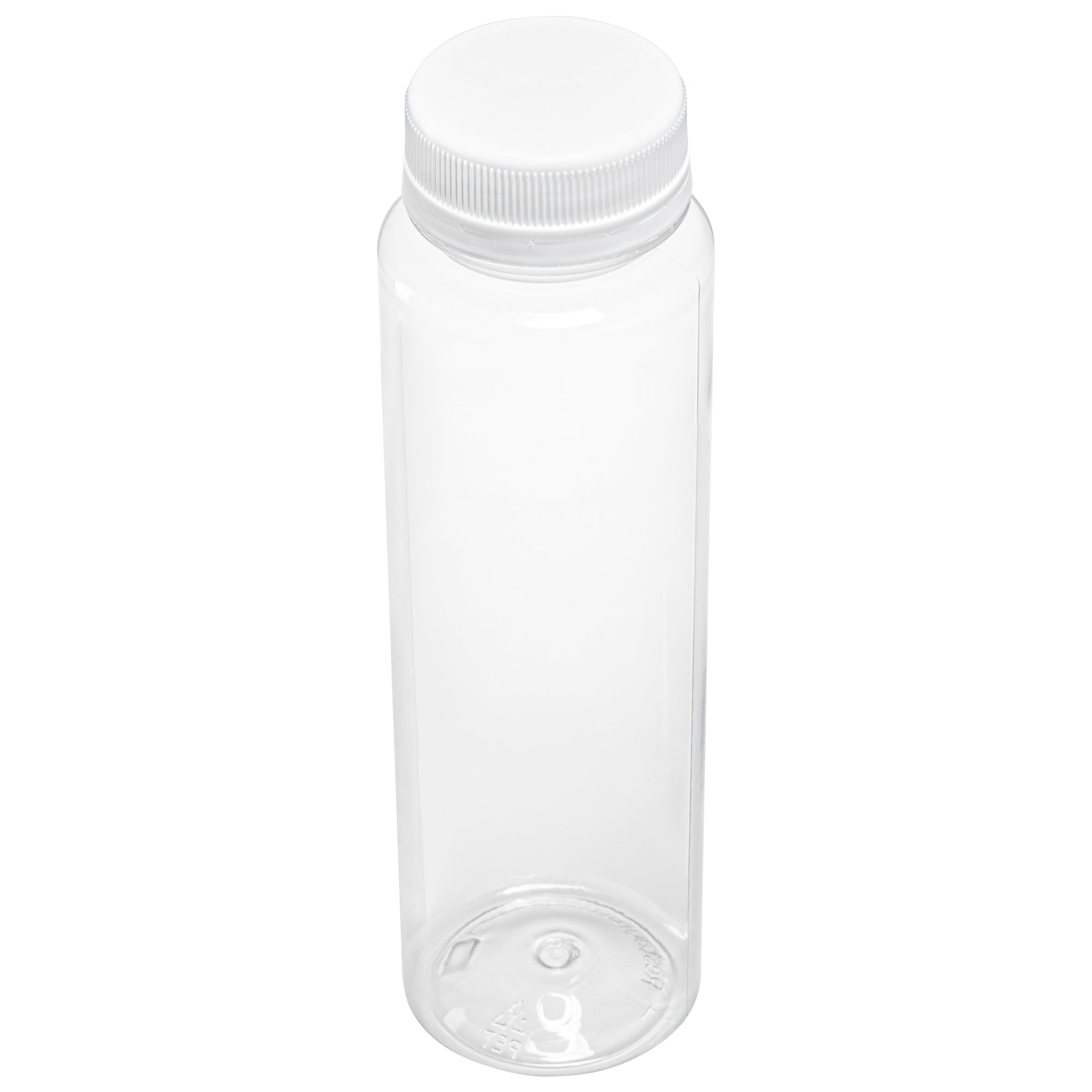 Bottle Tek 8 oz Round Clear Plastic Cold Pressed Juice Bottle - with Safety Cap - 2" x 2" x 6 3/4" - 100 count box