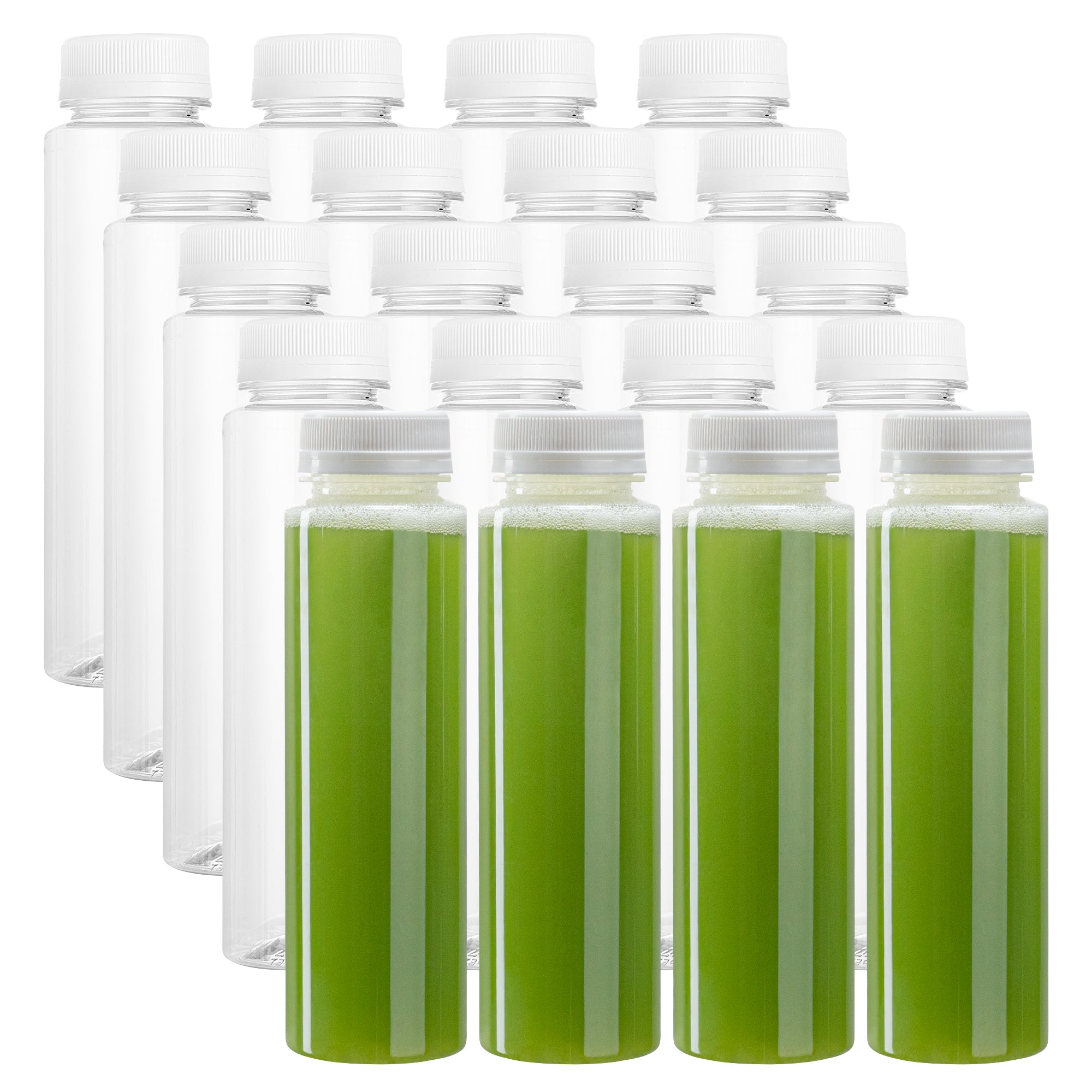 Bottle Tek 8 oz Round Clear Plastic Cold Pressed Juice Bottle - with Safety Cap - 2" x 2" x 6 3/4" - 100 count box