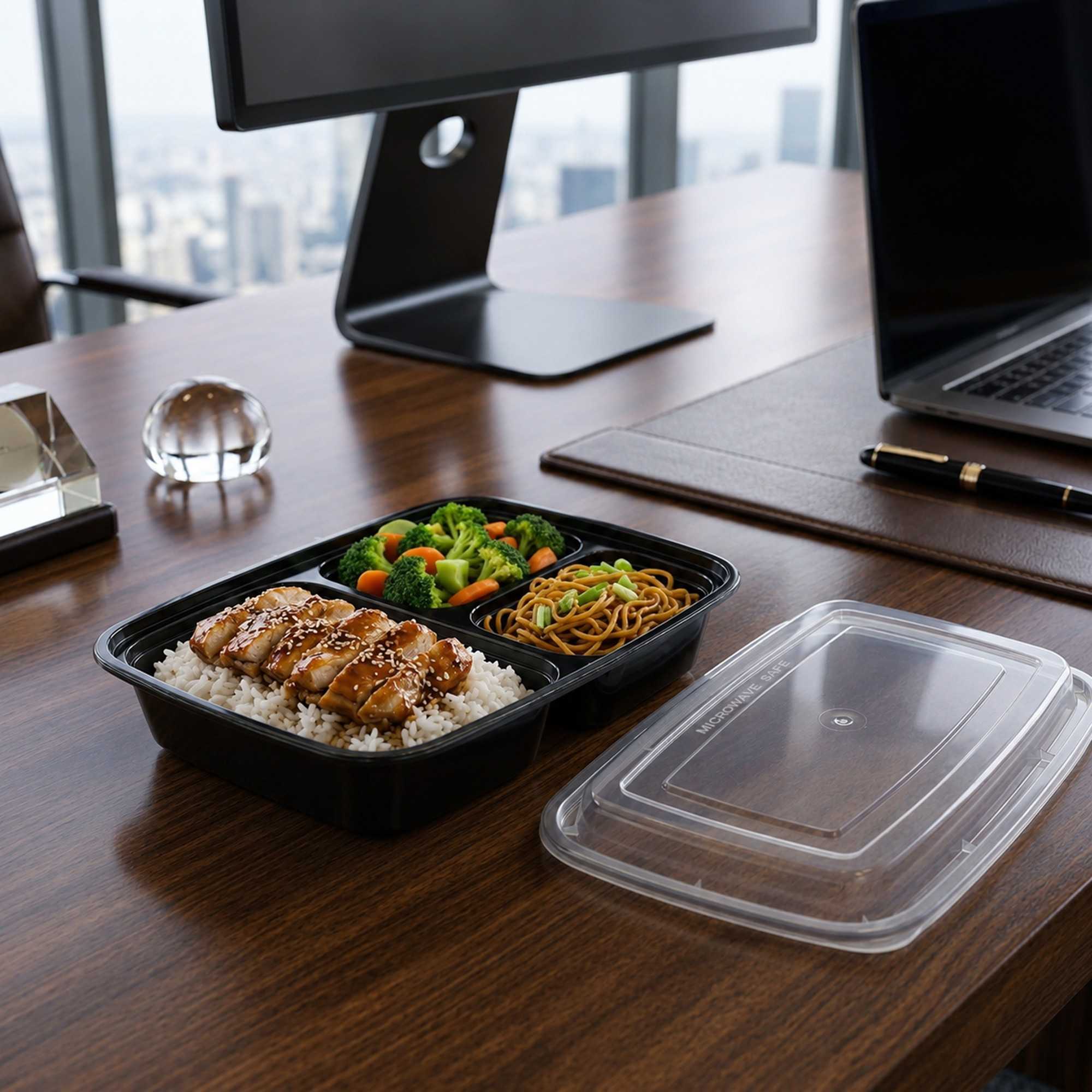 Asporto 26 oz Black Plastic 3 Compartment Food Container - with Clear Lid, Microwavable - 8 3/4" x 6" x 1 3/4" - 100 count box