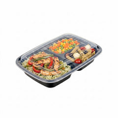 Asporto 26 oz Black Plastic 3 Compartment Food Container - with Clear Lid, Microwavable - 8 3/4