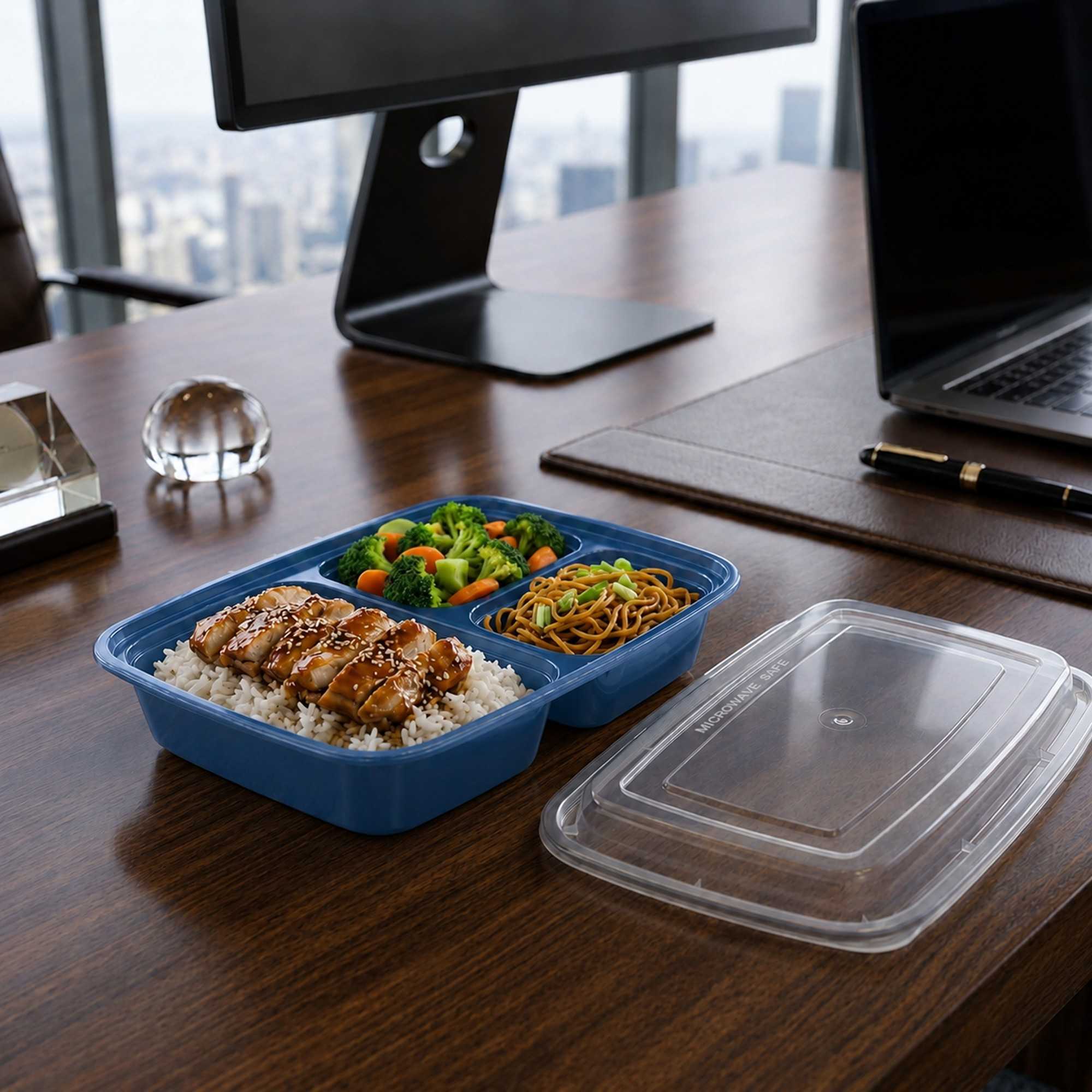 Asporto 26 oz Midnight Blue Plastic 3 Compartment Food Container - with Clear Lid, Microwavable - 8 3/4" x 6" x 1 3/4" - 100 count box