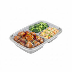 Asporto 26 oz Silver Plastic 3 Compartment Food Container - with Clear Lid, Microwavable - 8 3/4
