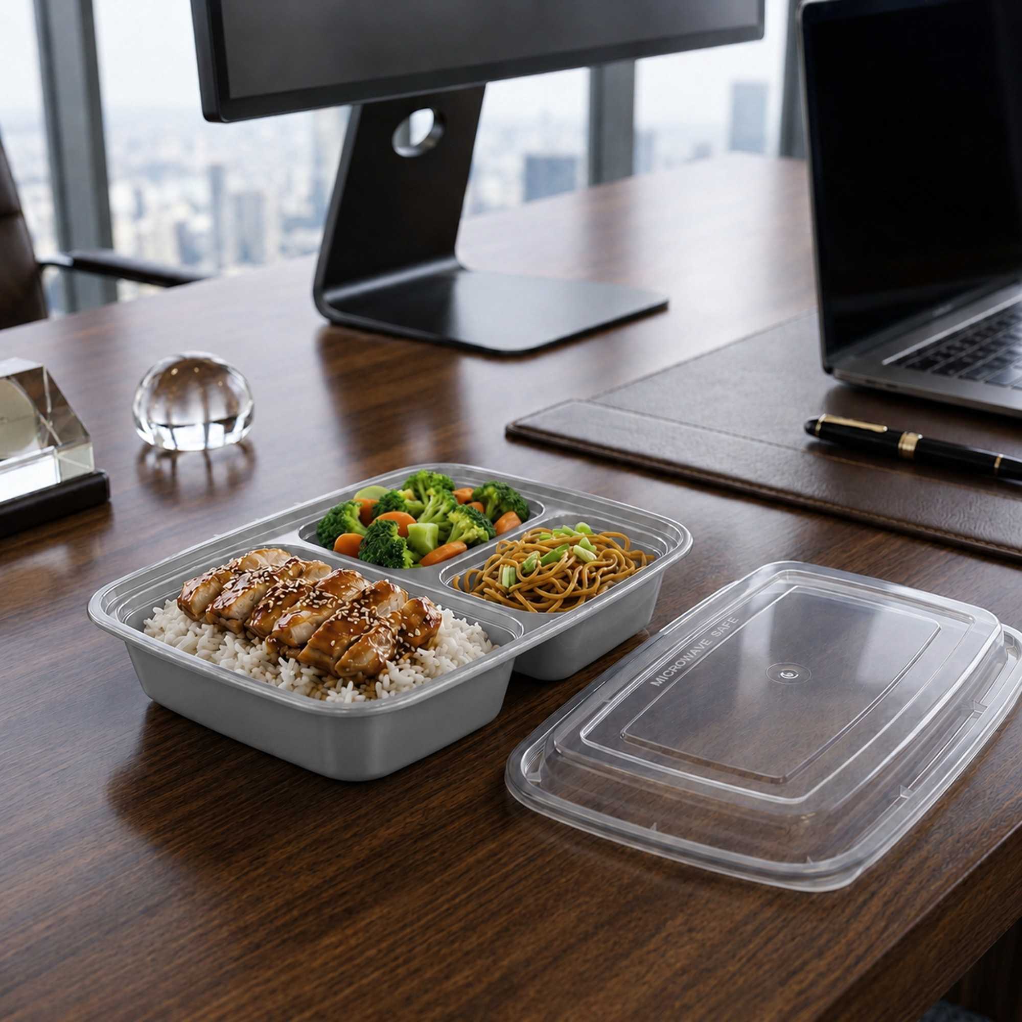 Asporto 26 oz Silver Plastic 3 Compartment Food Container - with Clear Lid, Microwavable - 8 3/4" x 6" x 1 3/4" - 100 count box