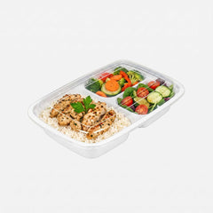 Asporto 26 oz White Plastic 3 Compartment Food Container - with Clear Lid, Microwavable - 8 3/4