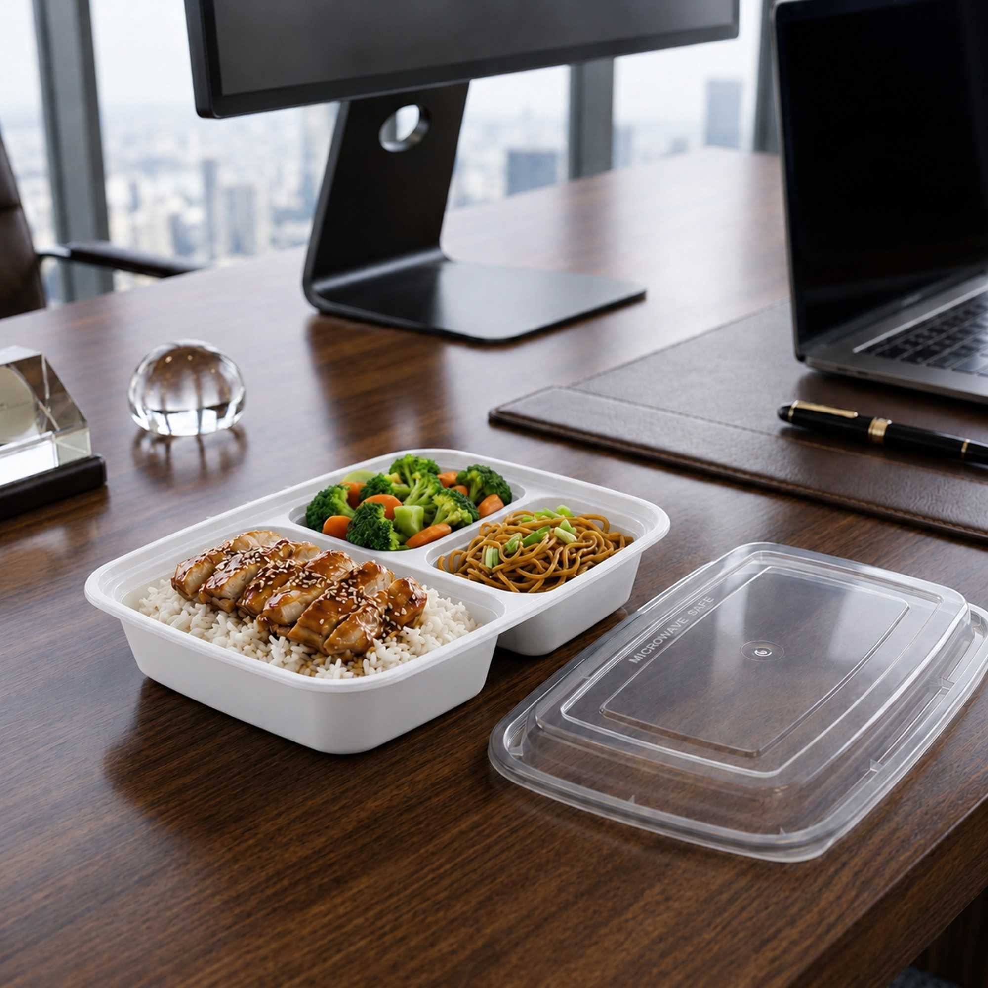 Asporto 26 oz White Plastic 3 Compartment Food Container - with Clear Lid, Microwavable - 8 3/4" x 6" x 1 3/4" - 100 count box