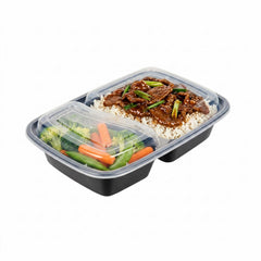 Asporto 32 oz Black Plastic 2 Compartment Food Container - with Clear Lid, Microwavable - 8 3/4