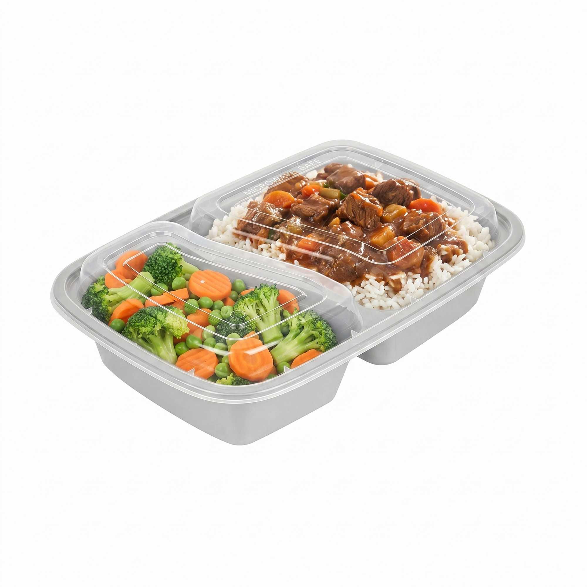 Asporto 32 oz Silver Plastic 2 Compartment Food Container - with Clear Lid, Microwavable - 8 3/4" x 6" x 2" - 100 count box