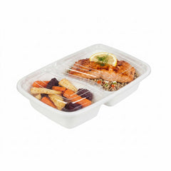 Asporto 32 oz White Plastic 2 Compartment Food Container - with Clear Lid, Microwavable - 8 3/4