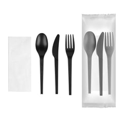 Basic Nature Black CPLA Plastic Cutlery Set - White Napkin, Heat-Resistant, Compostable - 8 3/4