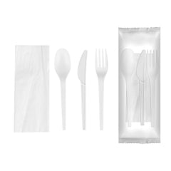 Basic Nature White CPLA Plastic Cutlery Set - White Napkin, Heat-Resistant, Compostable - 8 3/4