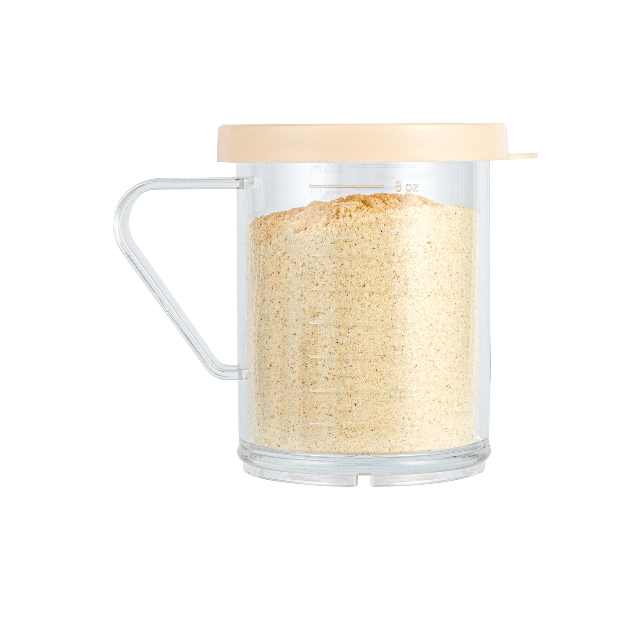 Chef 101 10 oz Clear Polycarbonate Dredge Spice Shaker - with Beige Fine Lid - 4 3/4" x 3 1/4" x 4" - 1 count box