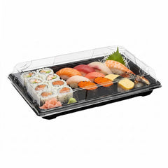 Roku Rectangle Black Plastic Extra Large Take Out Sushi Tray - with Clear Lid - 10 1/4
