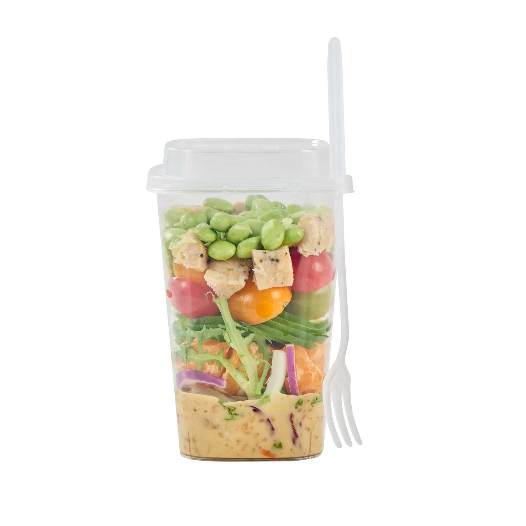 Asporto 24 oz Clear Plastic Salad To Go Cup - with Clear Lid and Fork - 3 3/4" x 3 3/4" x 7 1/2" - 100 count box