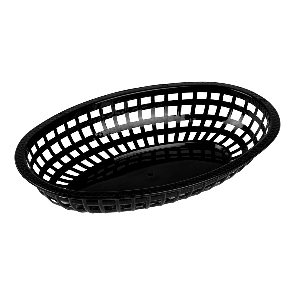 Chef 101 Oval Black Plastic Fast Food Serving Basket - 10 1/4" x 6 3/4" x 2" - 100 count box