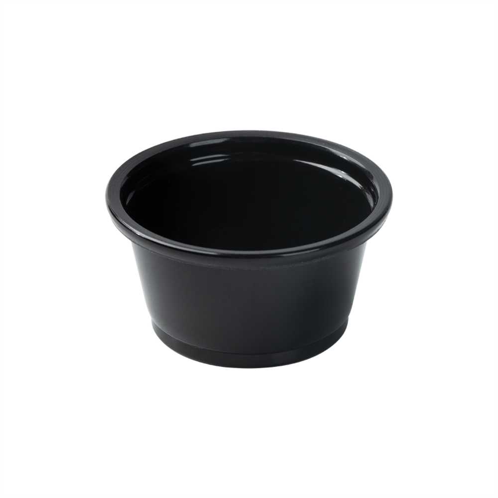 Chef 101 0.8 oz Round Black Plastic Portion Cup - 1 3/4" x 1 1/4" x 1" - 2000 count box