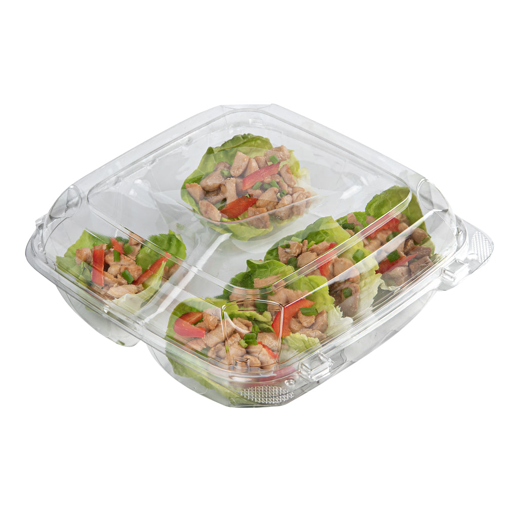 Thermo Tek 41 oz Rectangle Clear Plastic Clamshell Container - 3-Compartment, Anti-Fog - 9" x 8 1/4" x 2 1/2" - 100 count box